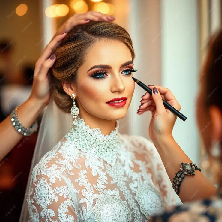 عروسة تضع مكياج بارز لملامحها القوية.