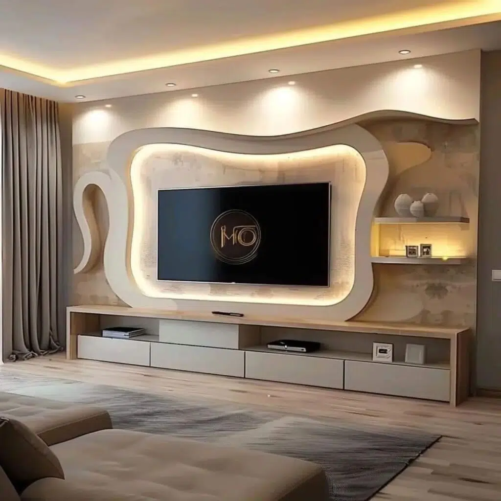 تصميم حائط تلفزيون من الجبس بورد والخشب 